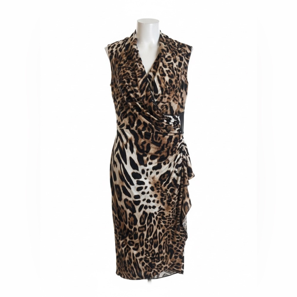 Joseph Ribkoff Leopard Print Asymmetrical Wrap Dress in Brown Black Cream